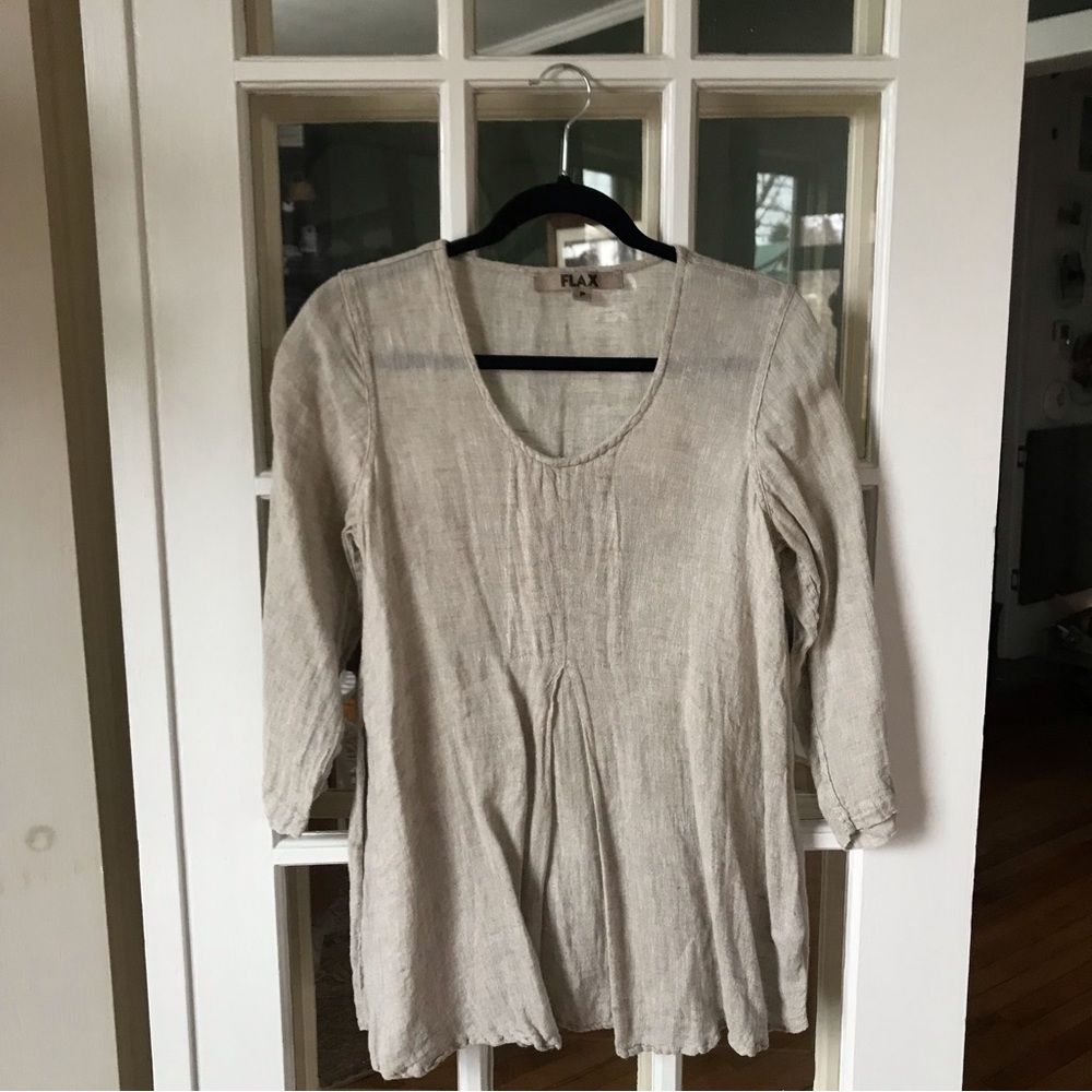 FLAX 100% Linen Beige Heather Oatmeal Pleated Front Tunic Blouse P X Small